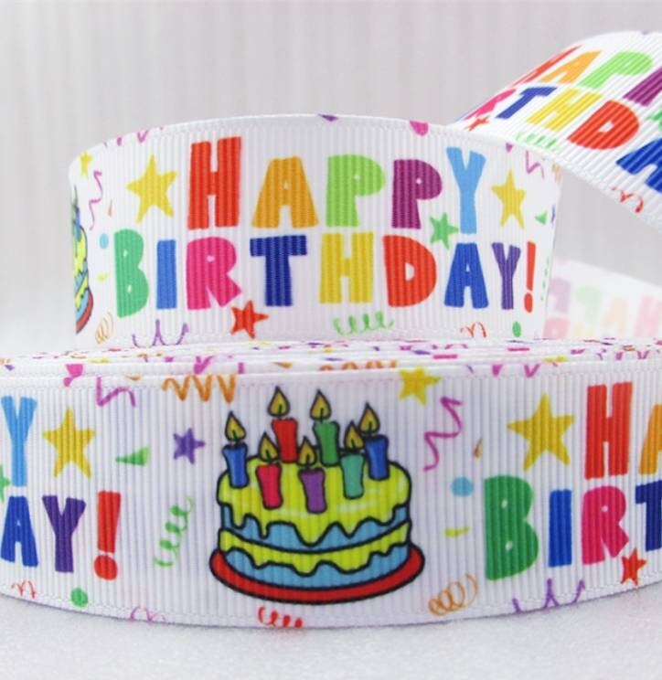 1" Birthday Cake grosgrain ribbon. Primary Color Birthday Ribbon