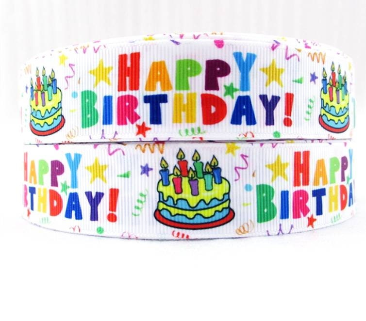 1" Birthday Cake grosgrain ribbon. Primary Color Birthday Ribbon