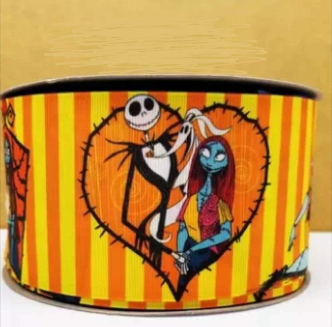 1.5" Jack Skellington Grosgrain Ribbon. Striped Orange and Black Jack Skellington and Sally. Halloween Nightmare Before Christmas Ribbon.