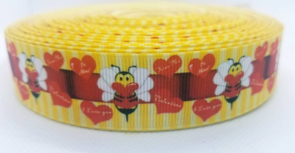 1" Valentine's Day Bumble Bee Bee Mine Hearts Holiday Ribbon