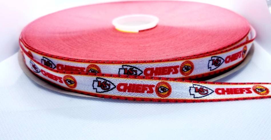 5/8" Elastic Kansas City Chiefs Football Ribbon. Stripes on ends to showcase ribbon. Football Ribbon NFL Sports Ribbon