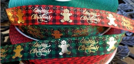 1" Christmas Gingerbread Man Merry Christmas Gold Foil Holiday Ribbon