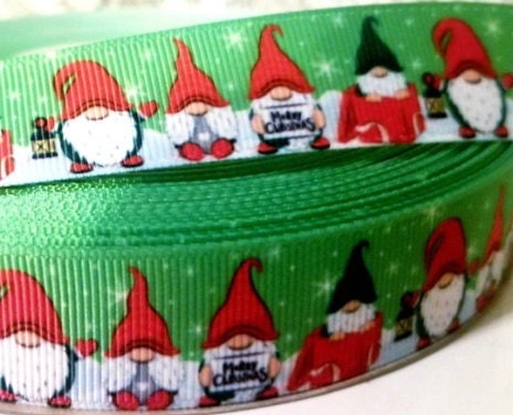 10 yards in stock of B - 7/8" Christmas Gnome Snowflake Holiday Ribbon