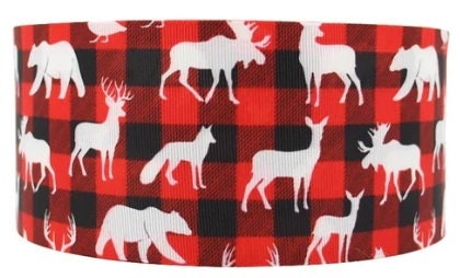 1.5" Christmas Forest Animals Red Black Plaid Moose Deer Bear Fox Reindeer Holiday Ribbon