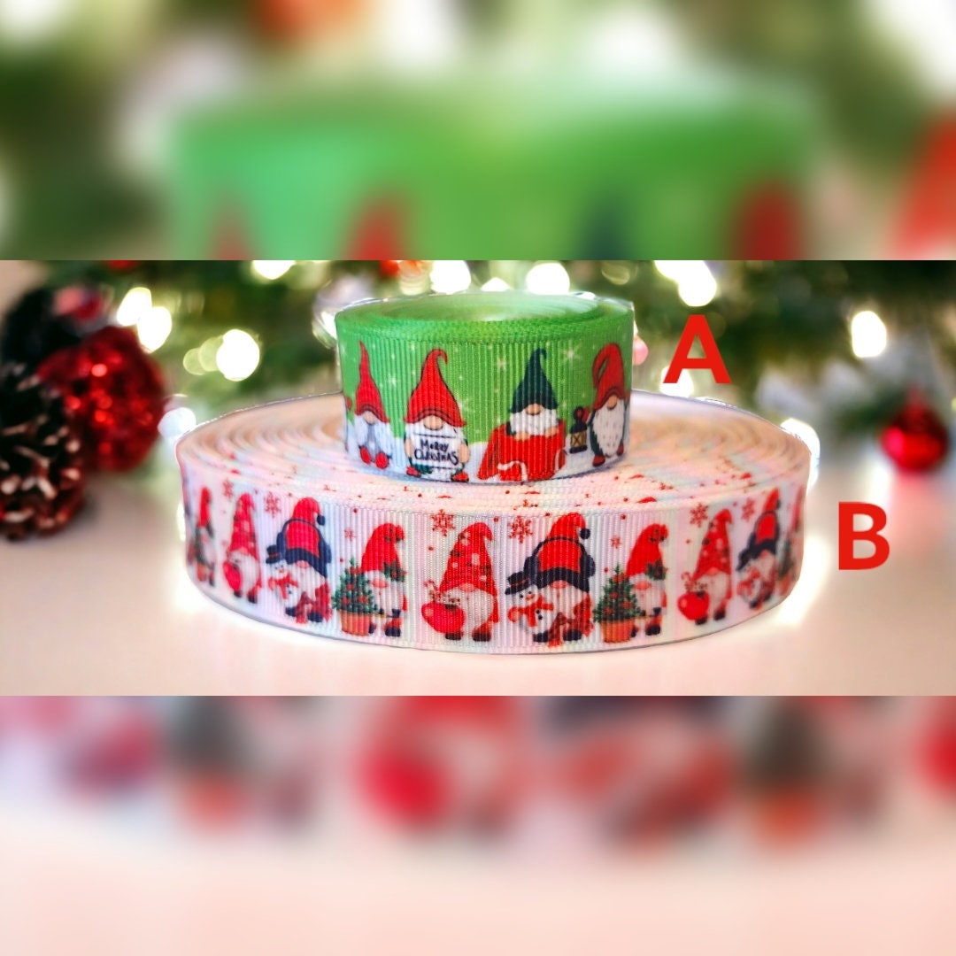 10 yards in stock of B - 7/8" Christmas Gnome Snowflake Holiday Ribbon