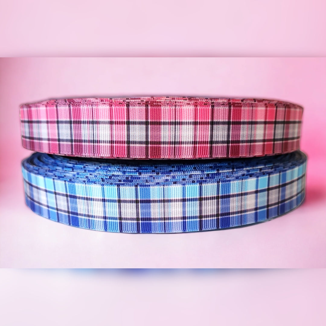 7/8" Buffalo Hot Pink or Blue Plaid Grosgrain Ribbon