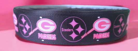 7/8" Black Pink House Divided Green Bay Packers Steelers Grosgrain Ribbon. NFL Football Sports Ribbon.