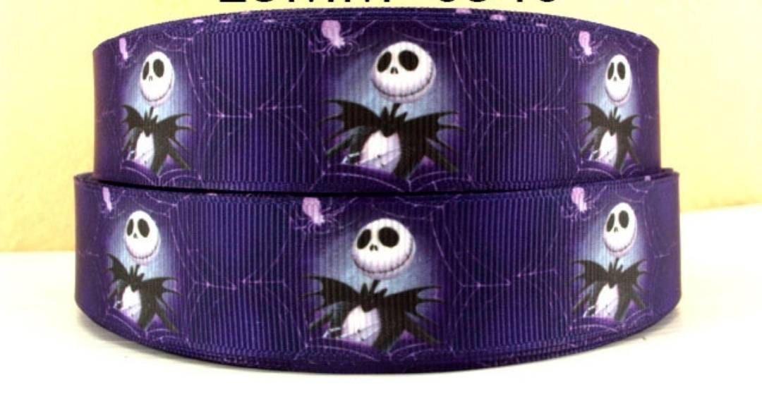 1" Jack Skellington Grosgrain ribbon. Halloween, Nightmare Before Christmas Ribbon. Crisp shades of purple.