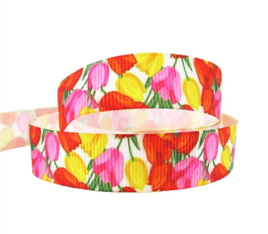 5/8" Spring Easter Flowers Grosgrain Ribbon. Tulips Spring Summer Flower Garden