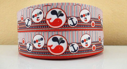 1" Whales and Anchors Grosgrain Ribbon. Nautical Theme, Sailor theme