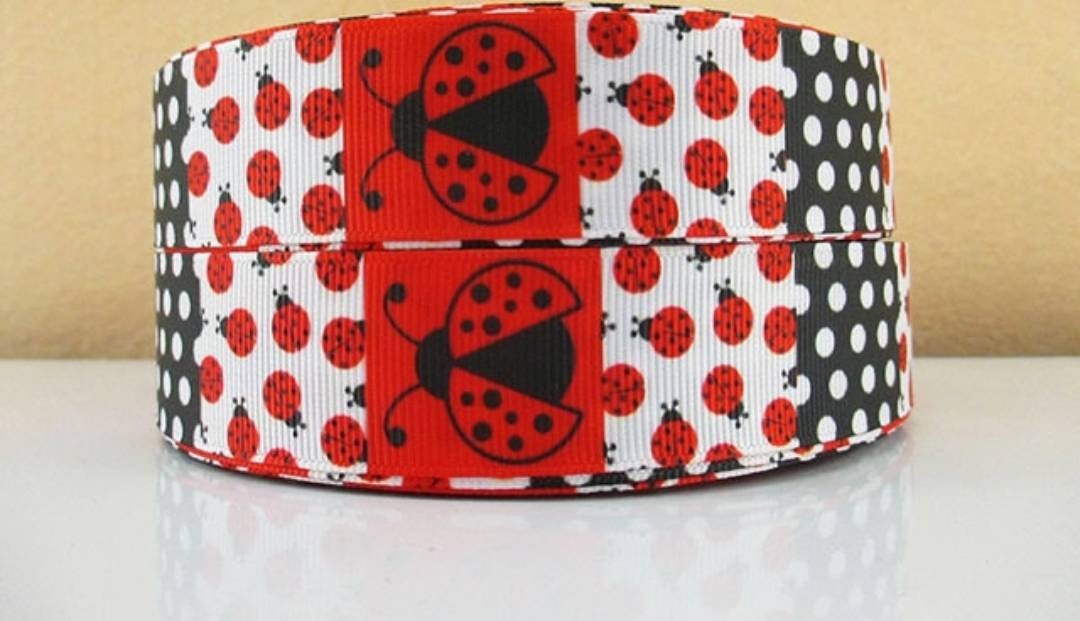 7/8" LadyBug Grosgrain Ribbon. Polka Dot Ribbon.