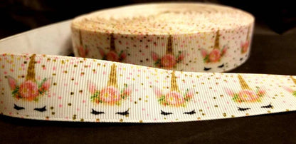 1" Unicorn Grosgrain ribbon. Pink Cotton Candy Unicorn with Golden Horn