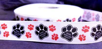 7/8" Dog Paw Ribbon Dog "Rescue Dog Ribbon"- Dog Rescue- Dog Paw Ribbon- Ribbon by the yard-Animal Rescue Ribbon-Adopt a Dog Ribbon