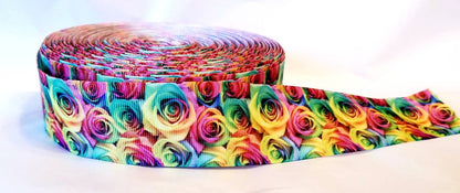 1.5" Rose Flower Grosgrain Ribbon Rainbow of Roses