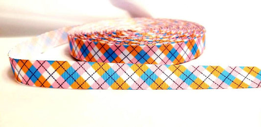 5 yards in stock - 5/8" Buffalo Ribbon Plaid Tartan Ribbon. Bright Pink, Orange, Light Blues and White mixed in a beautiful Design. Grosgrain Ribbon.