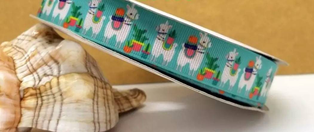 7/8" Teal Llama Cactus Grosgrain Ribbon.