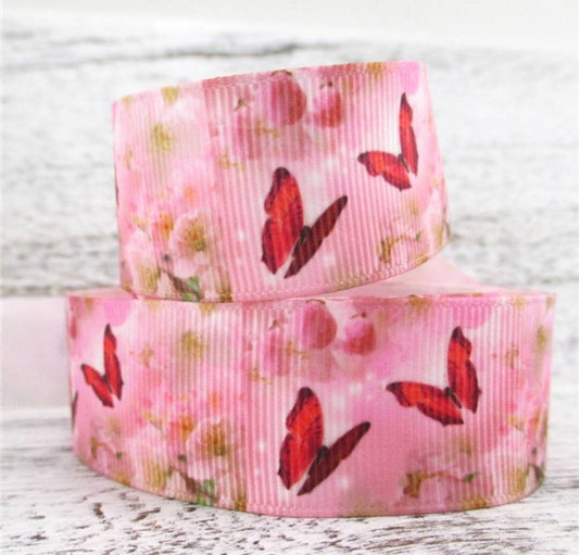 1" Butterfly grosgrain ribbon. Pink Butterfly Fields