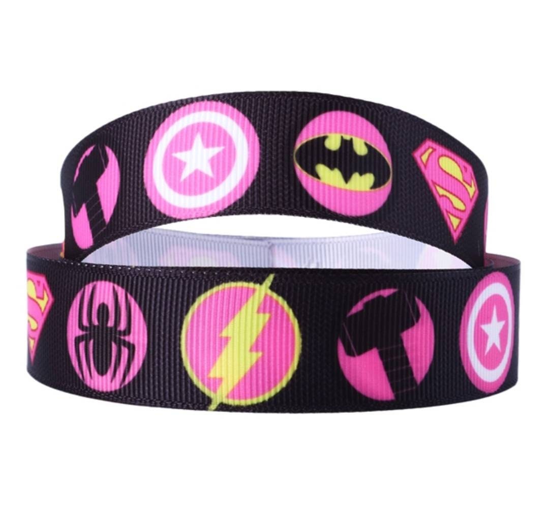 7/8" Pink Girl DC Super Heroes Ribbon. Batman, Spiderman, Flash, DC Super Heroes Grosgrain Ribbon