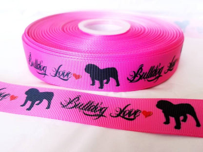 7/8" Hot Pink Bulldog Grosgrain Ribbon. Hearts saying Bulldog Love. Dog Ribbon Rescue dog ribbon.  Adopt dog ribbon