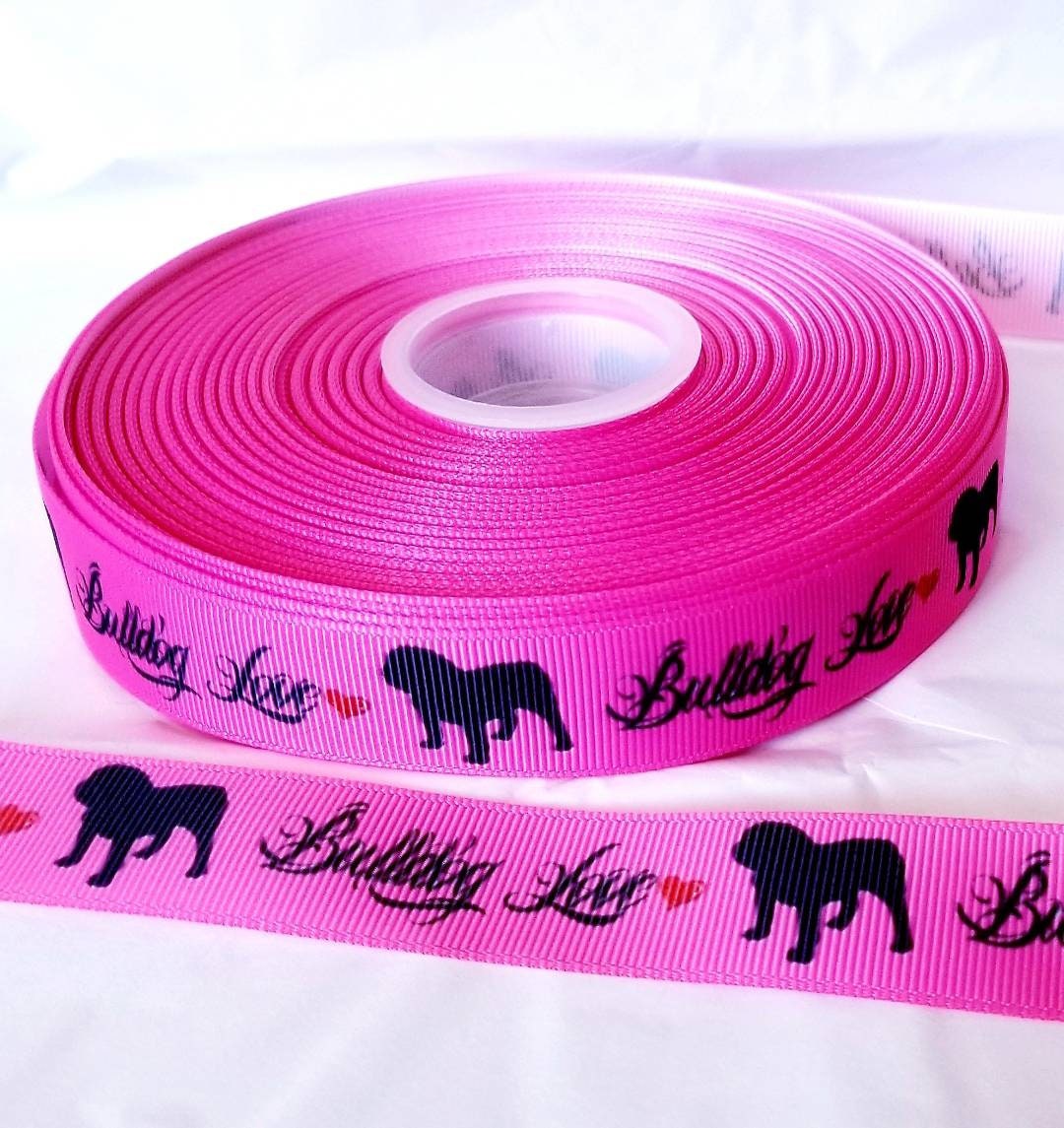 7/8" Hot Pink Bulldog Grosgrain Ribbon. Hearts saying Bulldog Love. Dog Ribbon Rescue dog ribbon.  Adopt dog ribbon