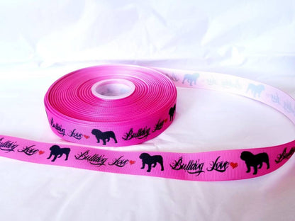 7/8" Hot Pink Bulldog Grosgrain Ribbon. Hearts saying Bulldog Love. Dog Ribbon Rescue dog ribbon.  Adopt dog ribbon