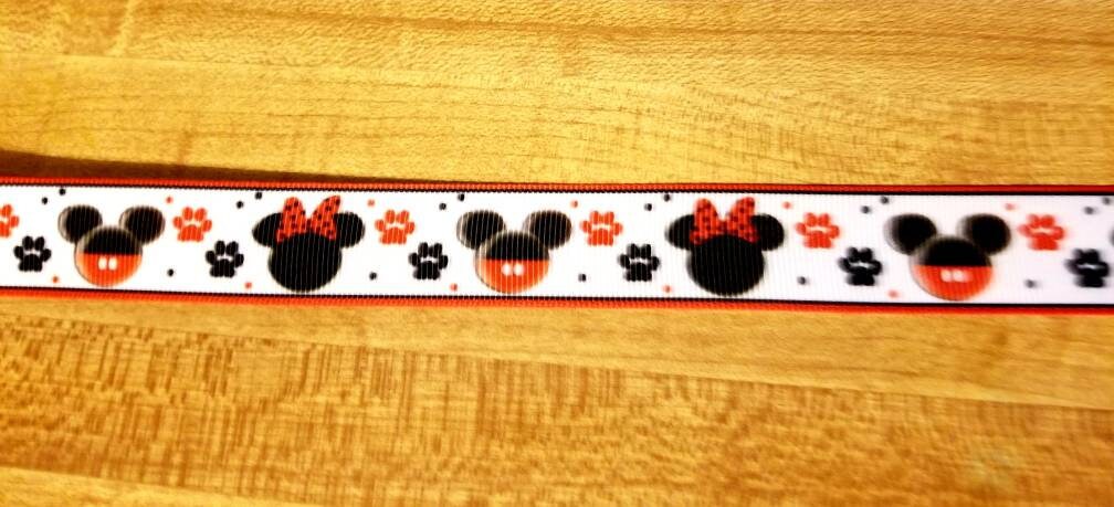 7/8" Mickey and Minnie Mouse Grosgrain Ribbon with Red and Black Paws for Dogs and Cats.