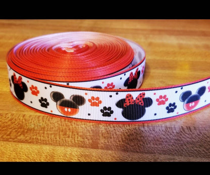 7/8" Mickey and Minnie Mouse Grosgrain Ribbon with Red and Black Paws for Dogs and Cats.