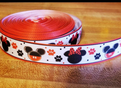 7/8" Mickey and Minnie Mouse Grosgrain Ribbon with Red and Black Paws for Dogs and Cats.