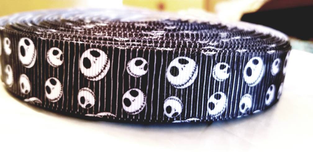 7/8" Jack Skellington Grosgrain Ribbon. Halloween Nightmare Before Christmas Ribbon. Black and White Jack Skellington Ribbon