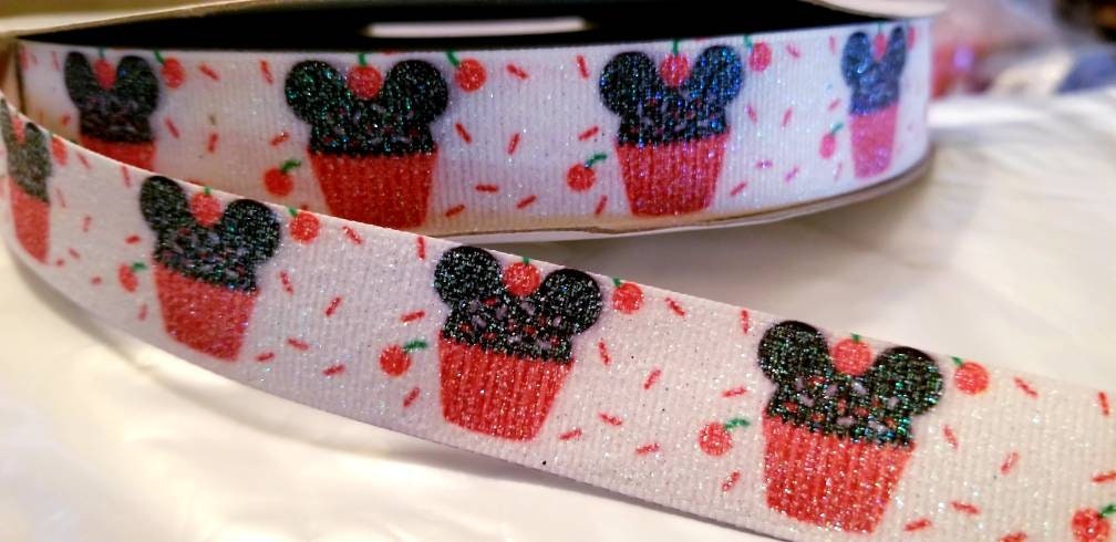 1" GLITTER Disney Mickey Mouse Cupcake Grosgrain Ribbon.