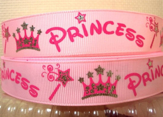 7/8" Silver Foil Princess Crown Grosgrain ribbon. Pink  Princess Fairy wand Ribbon