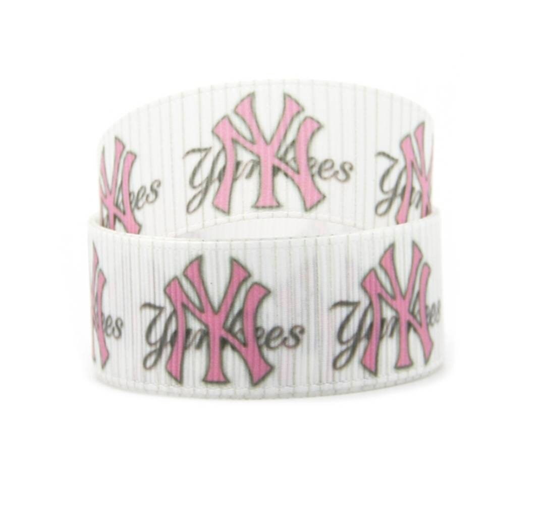 1" MLB New York Yankees Pink Grosgrain Ribbon. Pink Sports Ribbon NY Yankees