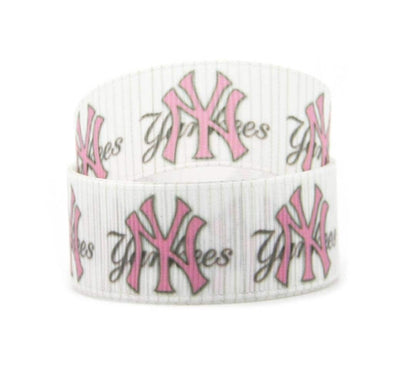 5 yards in stock - 5/8" MLB New York Yankees Pink Grosgrain Ribbon. Pink Sports Ribbon NY Yankees