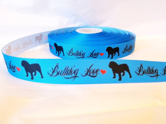 7/8" Bright Blue Bulldog Grosgrain Ribbon. Hearts saying Bulldog Love. Dog Ribbon Rescue dog ribbon.  Adopt dog ribbon