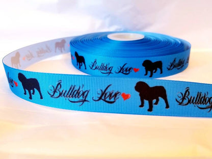 7/8" Bright Blue Bulldog Grosgrain Ribbon. Hearts saying Bulldog Love. Dog Ribbon Rescue dog ribbon.  Adopt dog ribbon