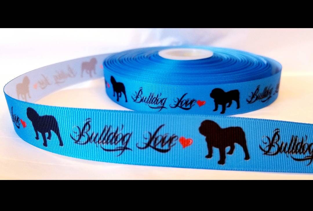 7/8" Bright Blue Bulldog Grosgrain Ribbon. Hearts saying Bulldog Love. Dog Ribbon Rescue dog ribbon.  Adopt dog ribbon