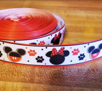 7/8" Mickey and Minnie Mouse Grosgrain Ribbon with Red and Black Paws for Dogs and Cats.