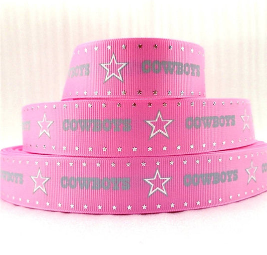 1" Dallas Cowboy Pink Silver Stars Grosgrain Ribbon. Foil Stars NFL Football Sports Team Ribbon