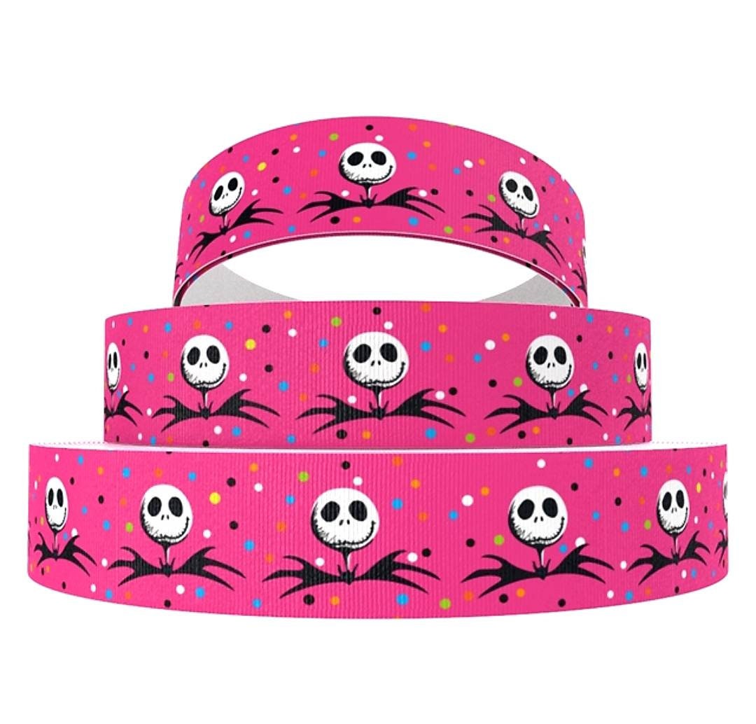 7/8" Jack Skellington Hot Pink Grosgrain Ribbon. Halloween Nightmare Before Christmas Ribbon. Black and White Jack Skellington Ribbob