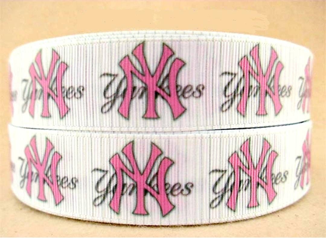 1" MLB New York Yankees Pink Grosgrain Ribbon. Pink Sports Ribbon NY Yankees