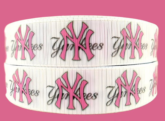 5 yards in stock - 5/8" MLB New York Yankees Pink Grosgrain Ribbon. Pink Sports Ribbon NY Yankees