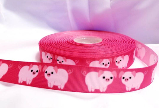 5/8" and 7/8" Hot Pink Pig Grosgrain Ribbon. Animal, Pet, Farm Animal Ribbon