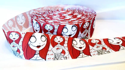 1.5" wide Rag doll Sally Grosgrain Ribbon. Jack and Sally Skellington Halloween Nightmare Before Christmas Ribbon.