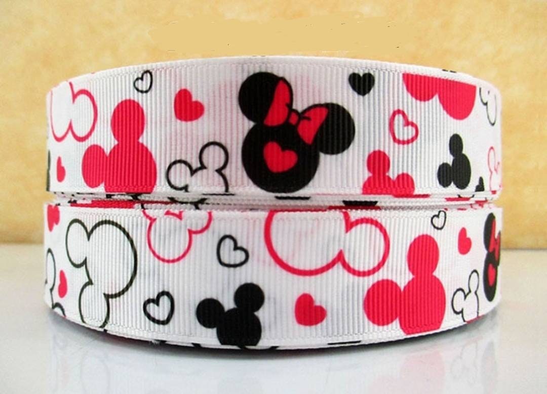 7/8" Mickey and Minnie Mouse Grosgrain Ribbon. Pink Hearts Love