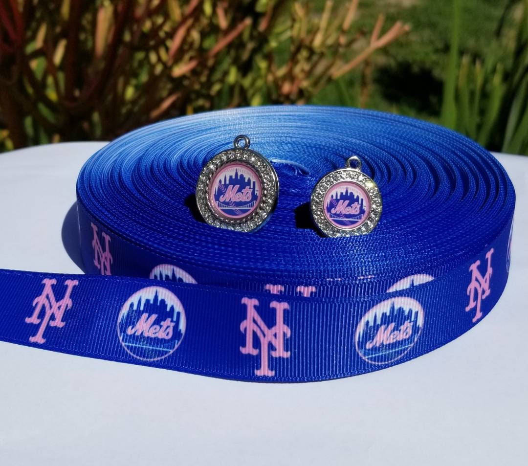 7/8" & 5/8" Pink New York Mets Grosgrain Ribbon. Sports Team Ribbon Pink Sports Ribbon