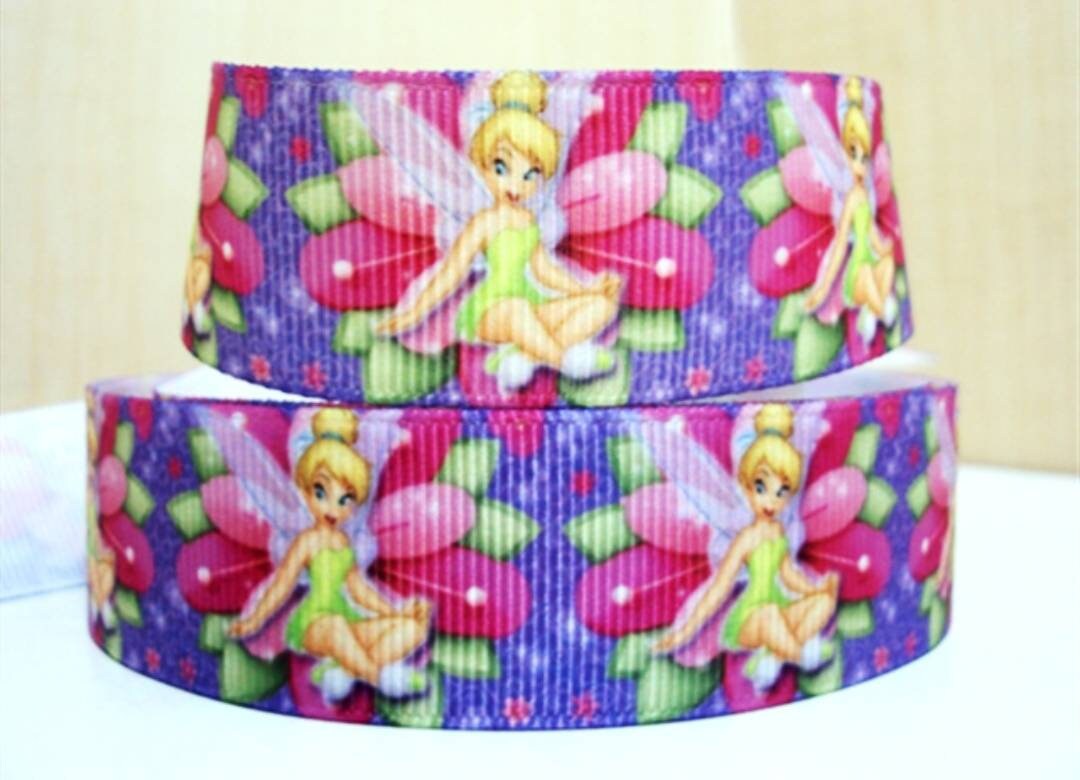 1" Tinkerbell Fairy Bright Colored Ribbon. Tinkerbell grosgrain ribbon.