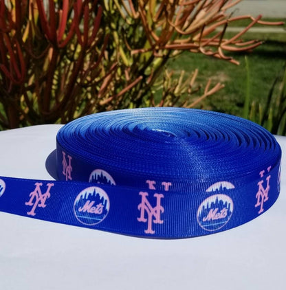 7/8" & 5/8" Pink New York Mets Grosgrain Ribbon. Sports Team Ribbon Pink Sports Ribbon