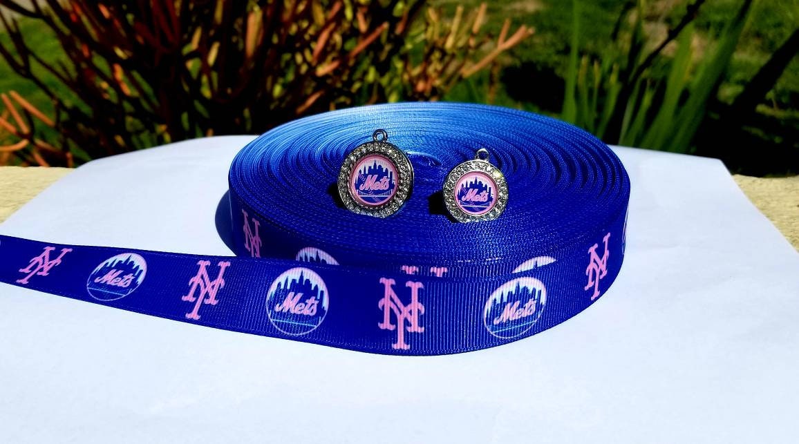 7/8" & 5/8" Pink New York Mets Grosgrain Ribbon. Sports Team Ribbon Pink Sports Ribbon