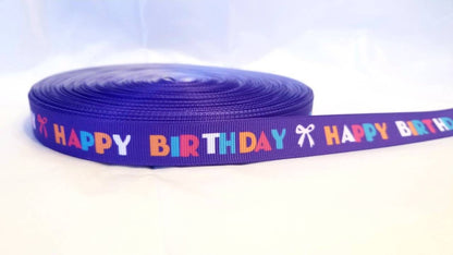 5/8" Happy Birthday Purple with Bright Colors Saying Happy Birthday grosgrain ribbon. Birthday Cake Ribbon