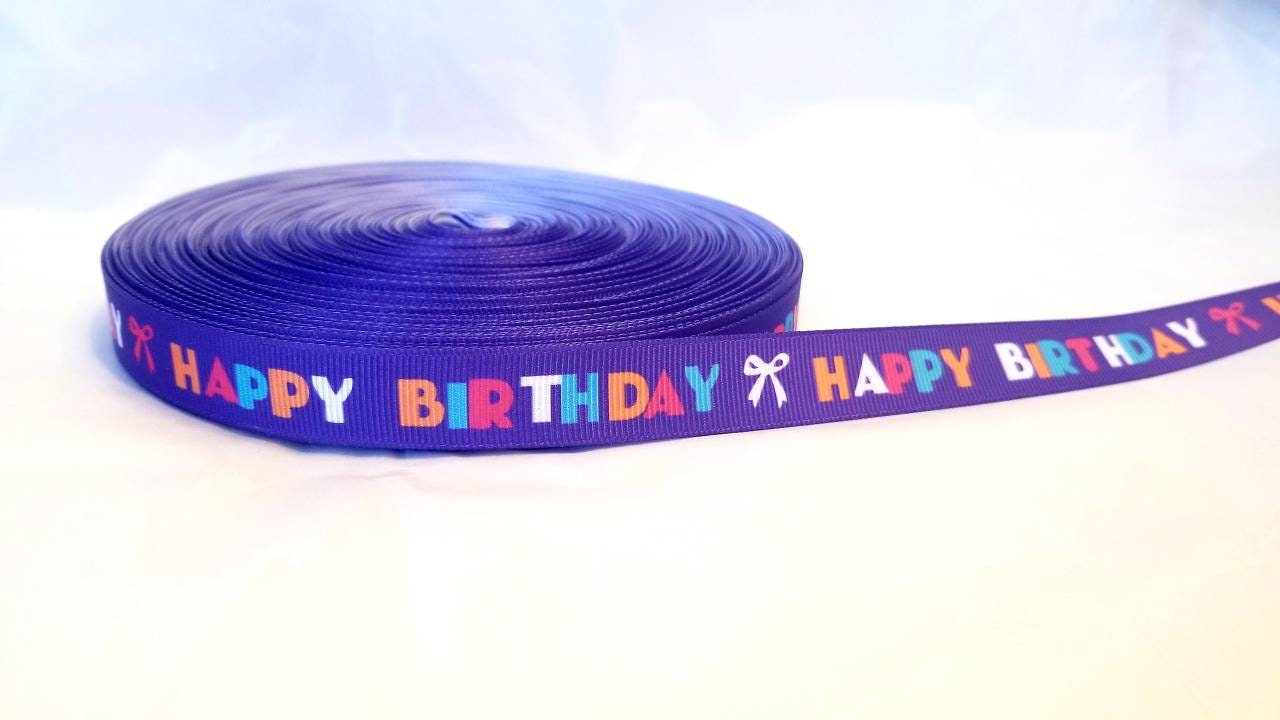 5/8" Happy Birthday Purple with Bright Colors Saying Happy Birthday grosgrain ribbon. Birthday Cake Ribbon